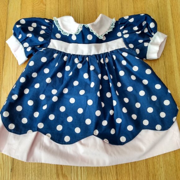 Vintage Handmade Baby Dress Blue Pink Polka Dots - Picture 2 of 14